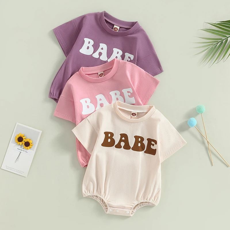 

2023-03-07 Lioraitiin 0-18M Newborn Baby Boy Girl Bodysuit Casual Short Sleeve Letter Printed Jumpsuit 3Colors