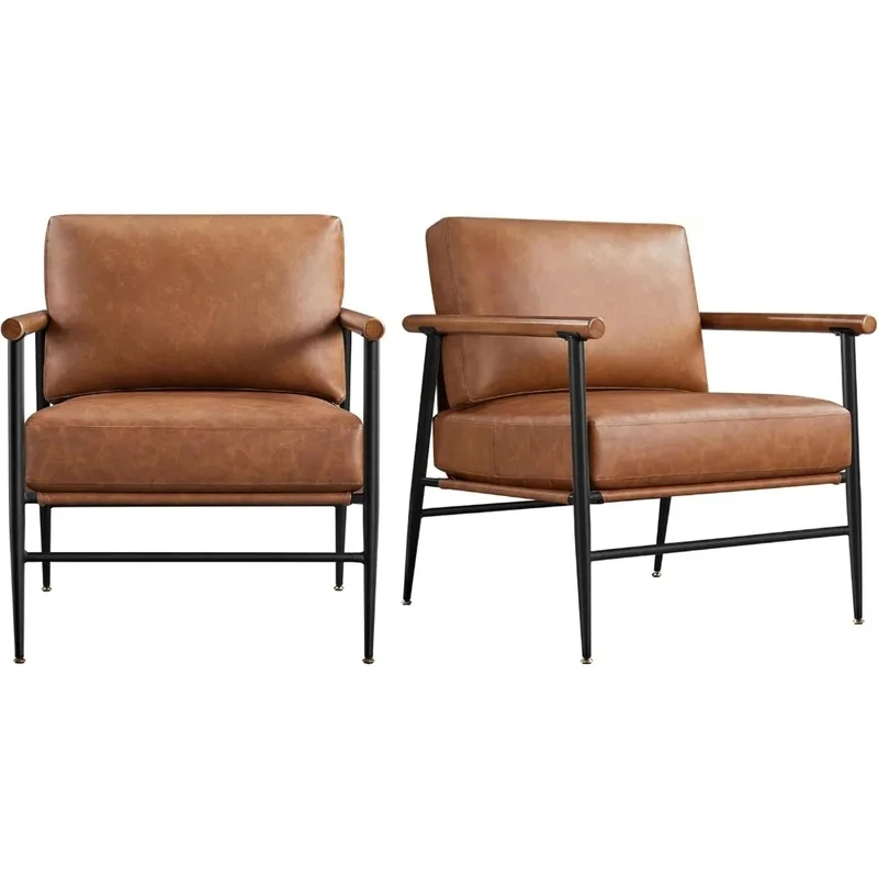 Set of 2 Modern Accent Chairs with PU Leather, Wooden Arms, Metal Frame, and Back Pillow for Living Room or Bedroom Lounge