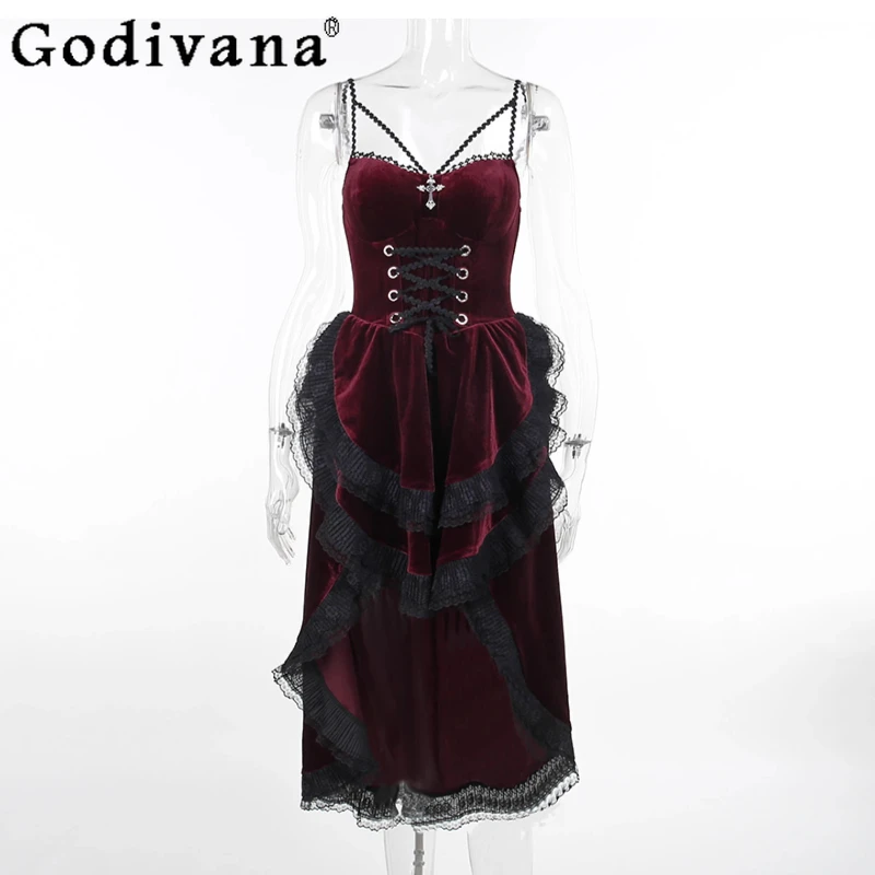 

Gothic Style Lace Purple Maid Cosplay Dress Women's High Waist Sexy Lolita Dress Hot Girl Summer Red Color Irregular Dress