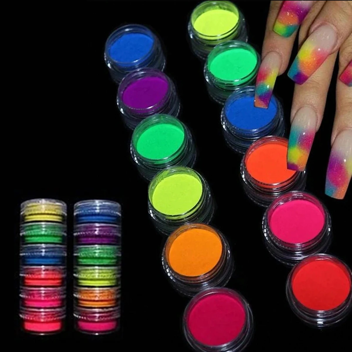 1 セット 6 色蛍光マニキュアグリッターパウダーネオンクリスタルパウダーアクリルキット光沢のあるブラシクロームネイルアート作成ツール