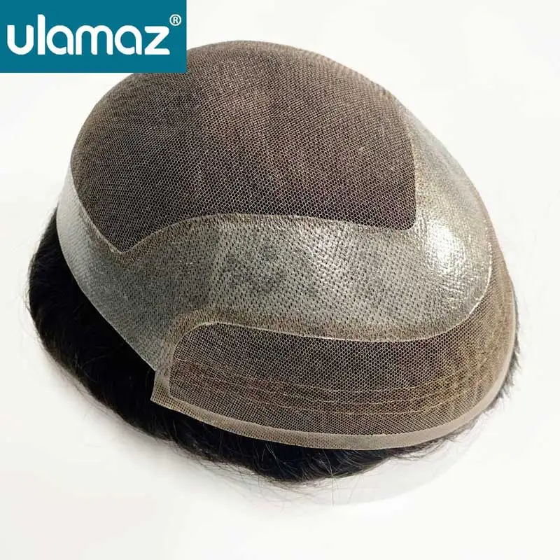 

Мужской парик-система для волос с кружевной основой посередине, дышащий, из полиуретана, 100% натуральные человеческие волосы