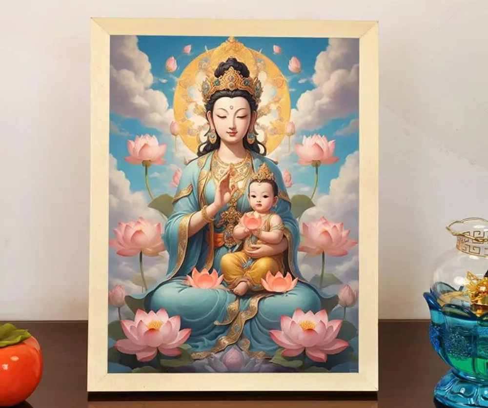 Embroidered handmade cross stitch finished product, Guanyin portrait for sending children, set up platform, Guanyin doll for