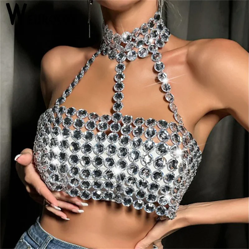 2023 Summer Sexy Korean Personality Women's Wear Water Diamond Ultra Short Tank Top Hanging Neck Sleeveless Backless Tank Top