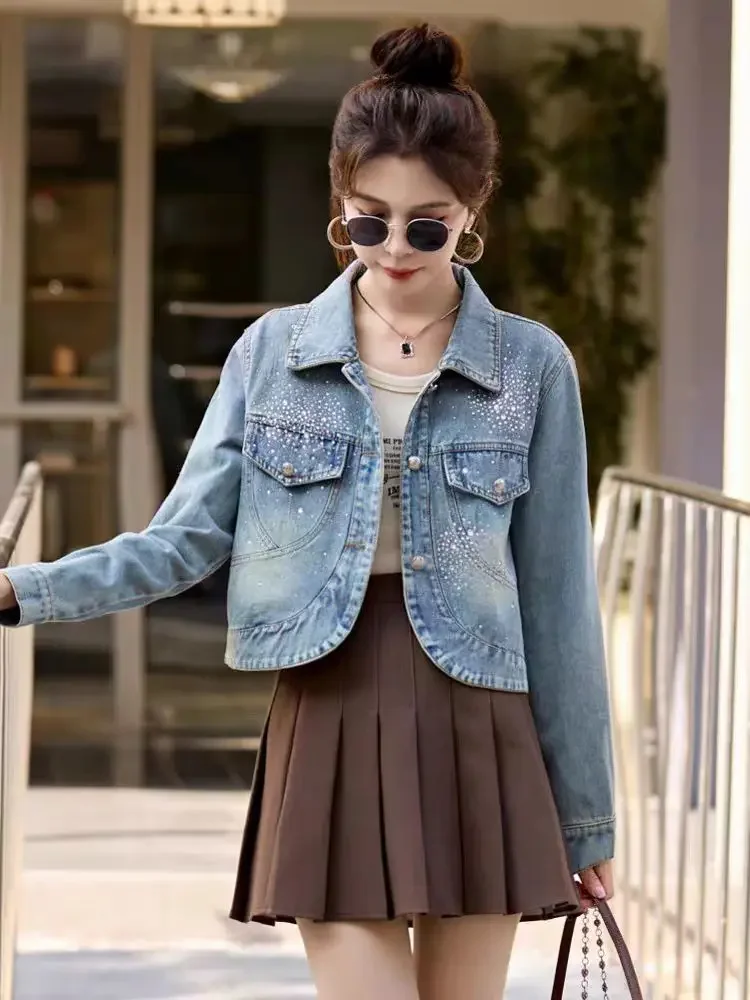 Female Jeans Coats Diamonds Crop Spring Autumn Short Blue with Rhinestones Small Sequin Studded Women\'s Denim Jackets Original