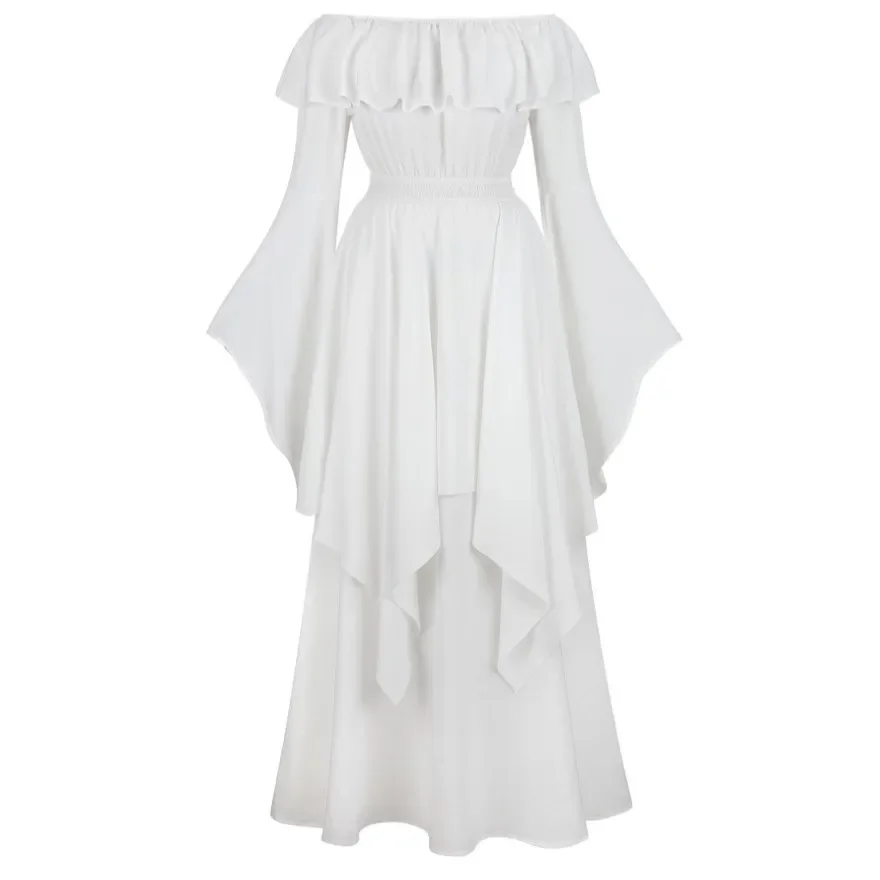 Abito rinascimentale a vita alta elastico con spalle scoperte per donna Abito smock medievale a maniche lunghe Abito da sera elegante Taglie forti