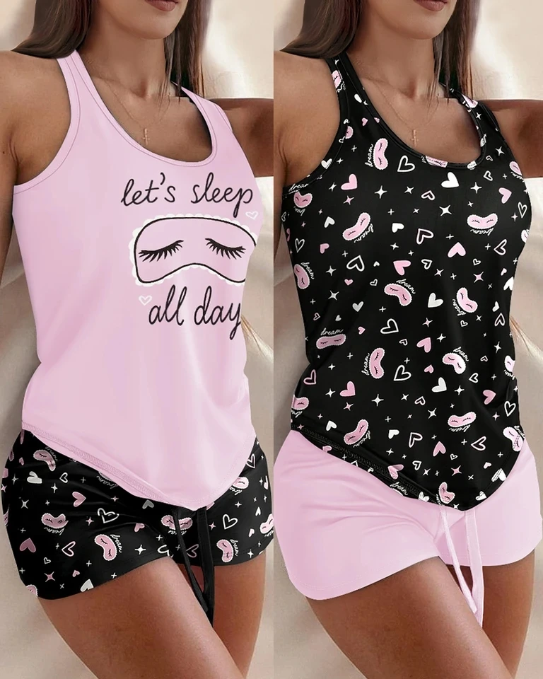 

2PCS Pajamas Sets for Women Clothing Summer New Fashion Floral Print U Neck Sleeveless Tank Top and Casual Drawstring Shorts Set