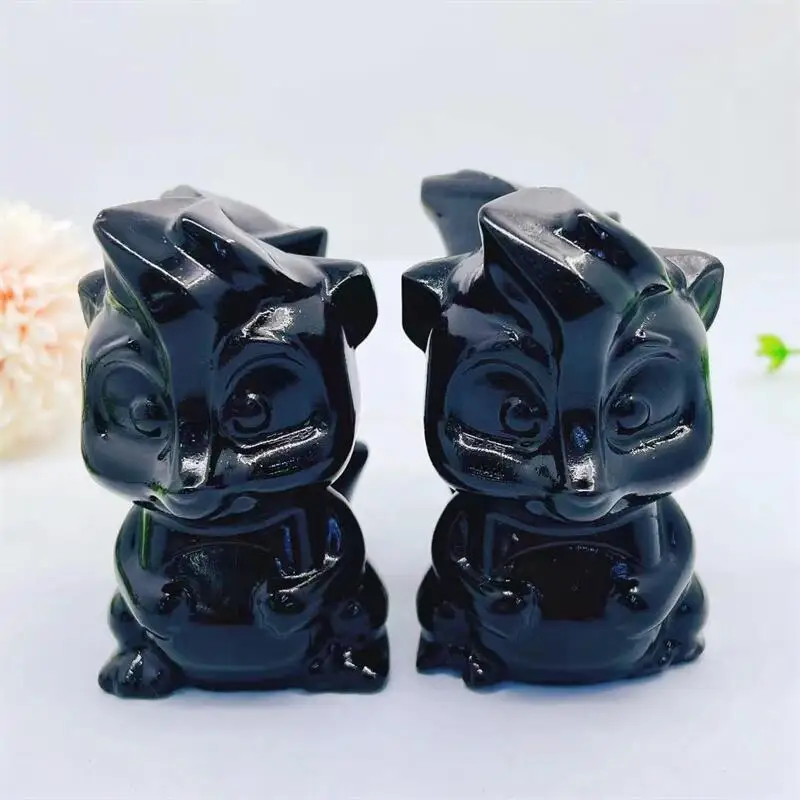 Natural Black Obsidian Squirrel Crystal Animal Carving Model Crafts Fashion Home Decoration Healing Fengshui Gift 1pcs