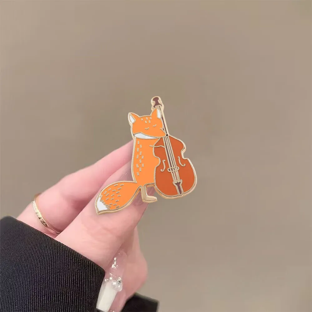 Whimsical Enamel Brooch Fox Playing Cello Pin Metal Badge Cute Animal Music Jewelry for Lapel Backpack Decor