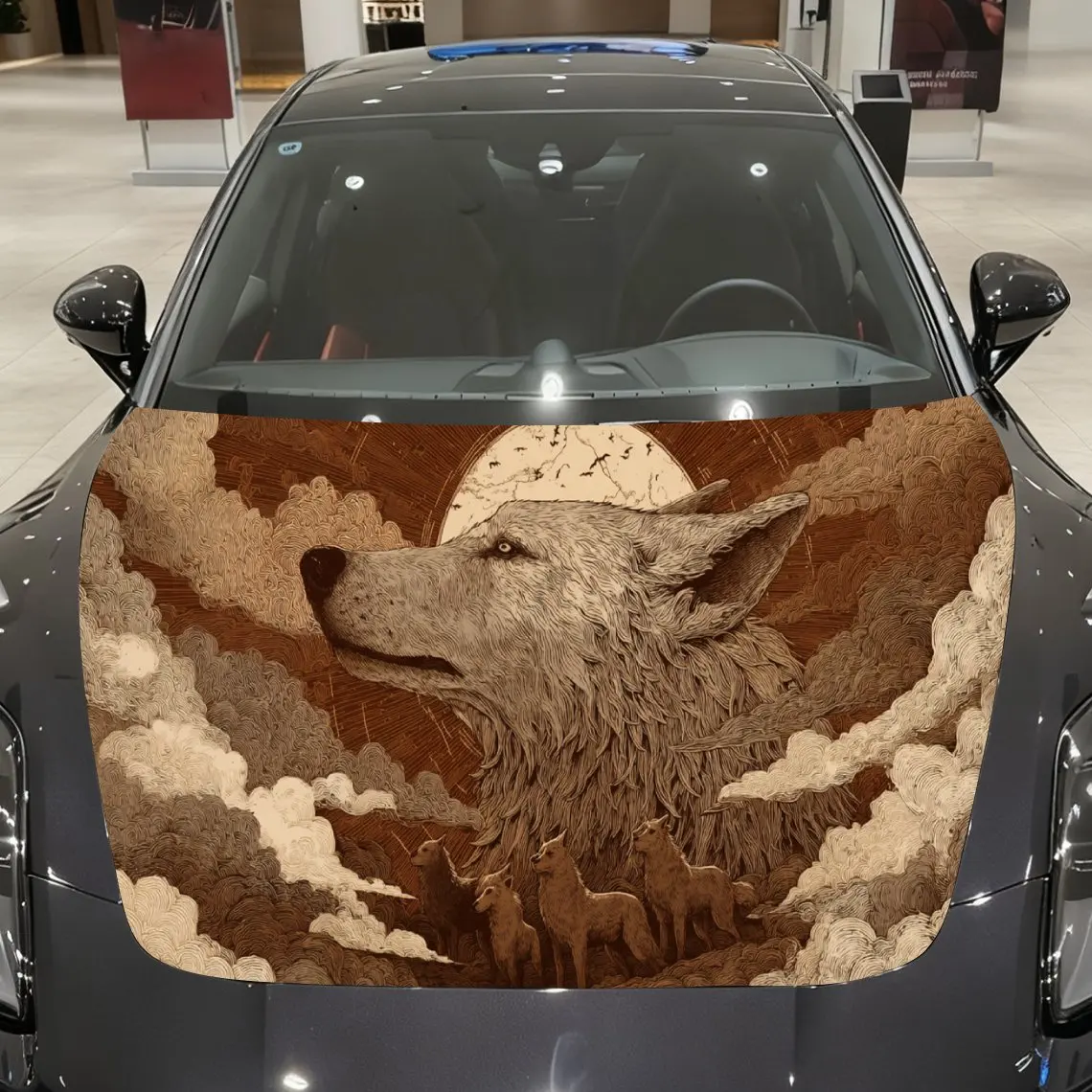 

Brown Wolf and Wolf Pack - Clouds Auto Cover Sticker, Waterproof and Self-adhesive Auto Hood Decal, Auto Vinyl Wraps, Cool Car E