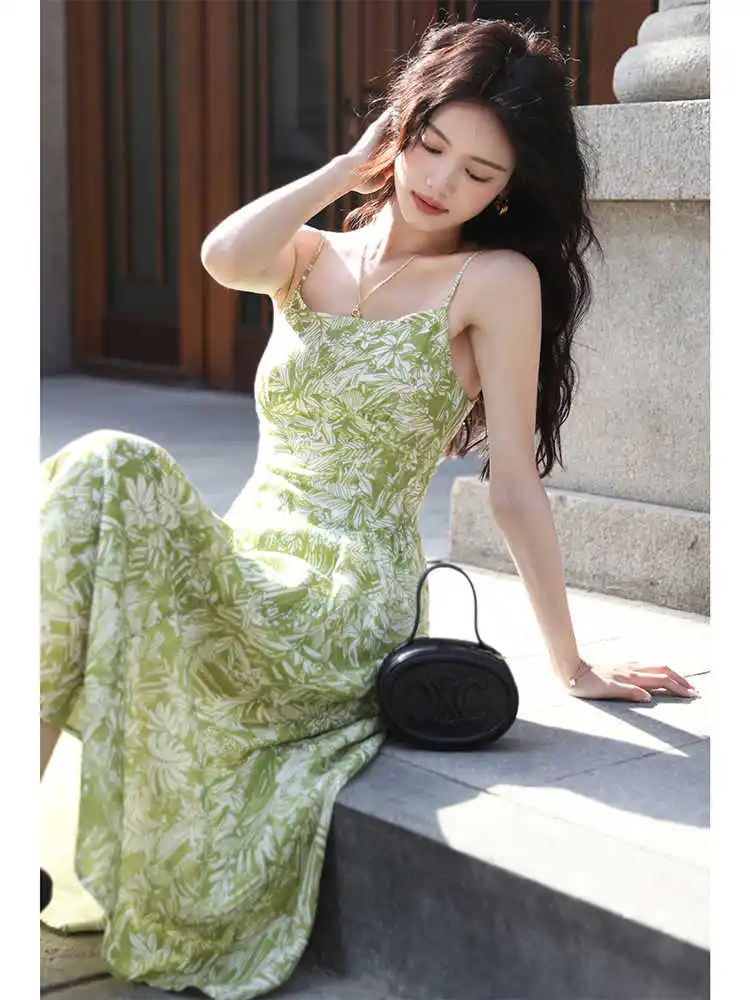 

Women's Summer Ramie Floral Camisole Dress Seaside Vacation Sleeveless Casual Print Holiday Long Dress F032