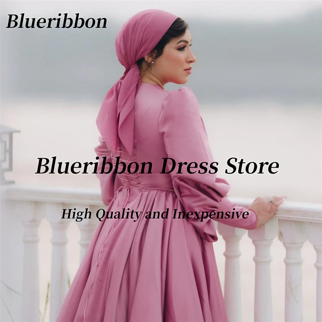 Blueribbon Arabia Women Prom Dresses Long Sleeves فستان سهرة نسائي Buttons Ruched Ankle Length Evening Party Wedding Receptions