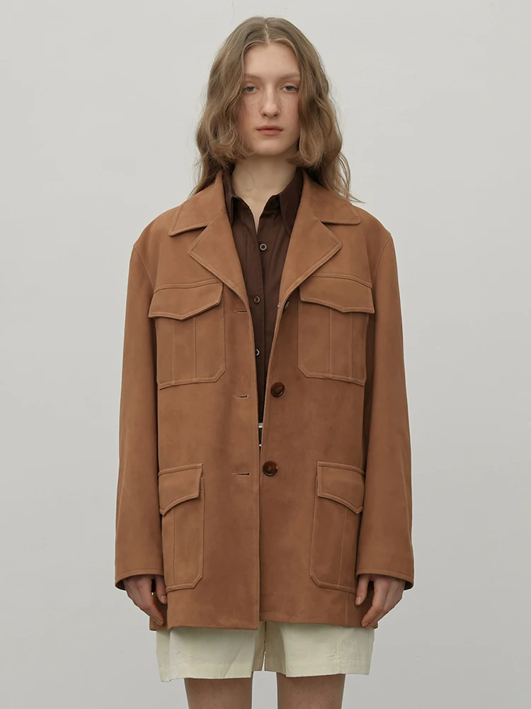 Vintage Classic Genuine Leather Blazer Jackets for Women Spring Autumn High-end Simple Single Breasted Real Sheepskin Suede Coat