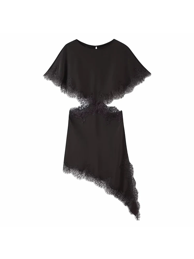 Damska Nowa Seksowna Sukienka z Satyny z Koronkowymi Wstawkami, Czarna Bez Rękawów z Dekoltem w Serek, Luźna Sukienka na Wakacje, Imprezę, do Klubu, Vestidos