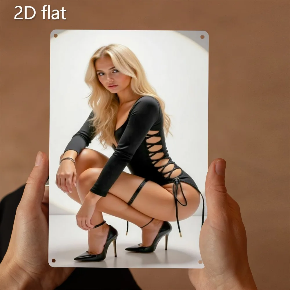 VIVI Metall-Wandkunst, elegantes blondes schwarzes Kleid, Frau, 2D-Blechschild, 7,87 x 11,8 Zoll, Vintage-Dekoration für Zuhause, Bar, Büro