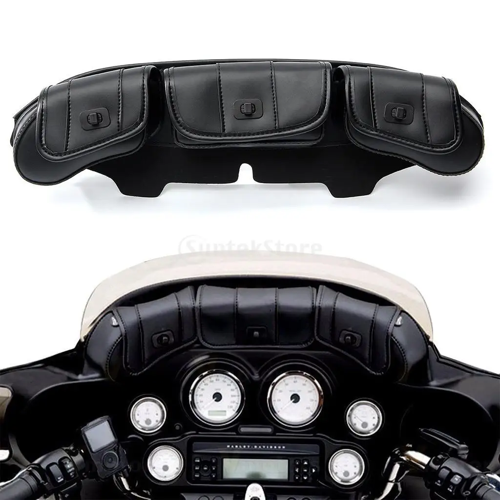 

Motorcycle 3 Pocket Windshield Bag Pouch Fits for Harley Touring FLHT 96-13, Black