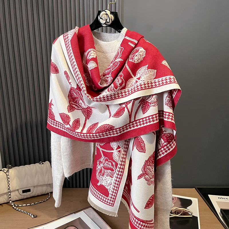 New Luxury Winter Rose Two-Sided Cashmere Jacquard Scarves High Quality Women Thicken Wrap Shawl Ladies Wool Pashmina Scarf