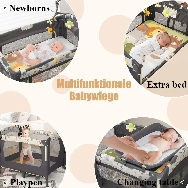 4-in-1 Baby Crib Foldable Baby Cot Height Adjustable with Changing Table Side Bed Movable Infant Nest Bed with Music Toy Rack