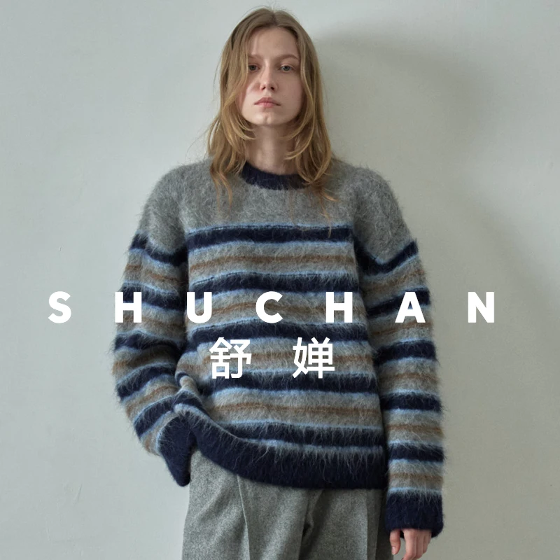 

Женский свитер из 78% шерсти альпаки, осень-зима 2025 года, вязаный пуловер в полоску в стиле ретро, толстый, теплый, зимний