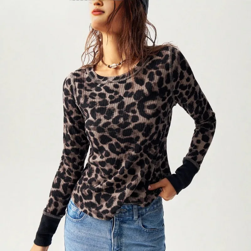 

Женская осенняя новая модная персонализированная тонкая футболка с леопардовым принтом и длинным рукавом с круглым вырезом