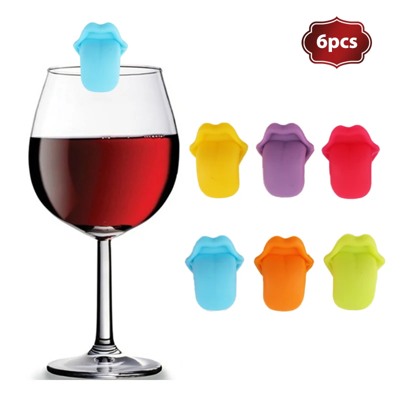 6Pcs Tongue Shape Wine Glass Silicone Label Recognizer Marker Cup Mark Sign