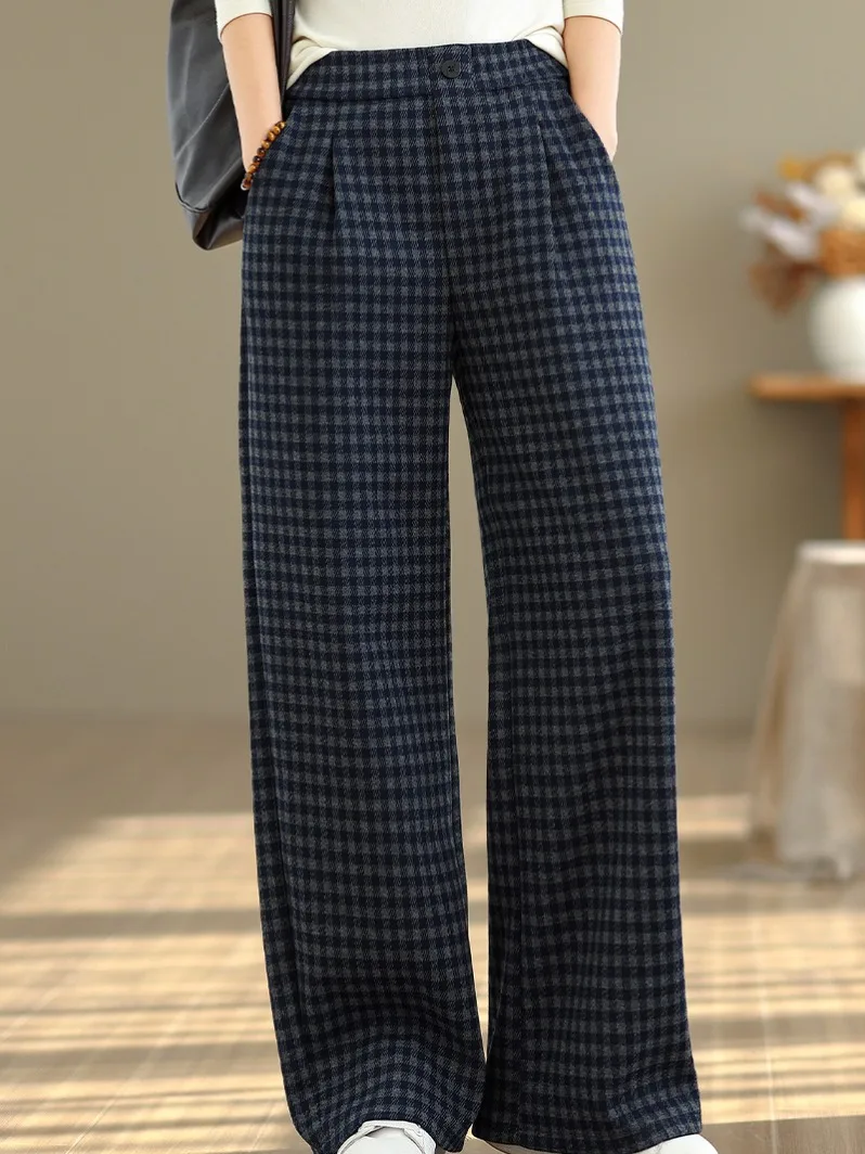 미국 레트로 체크 울 스트레이트 팬츠 여성 겨울 하이웨이스트 슬림 캐주얼 바지 안감 있는 와이드 레그 팬츠