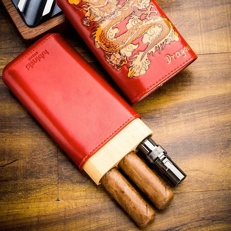 LUBINSKI Year of The Dragon Totem Cigar Case Three-piece Portable Cowhide Cedar Wooden Cigar Case