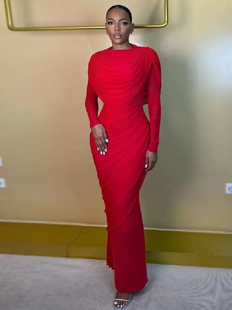Robe longue plissée à col rond et manches longues pour femme, sexy, pour cocktail, anniversaire, fête, avec effet enveloppant sur les hanches