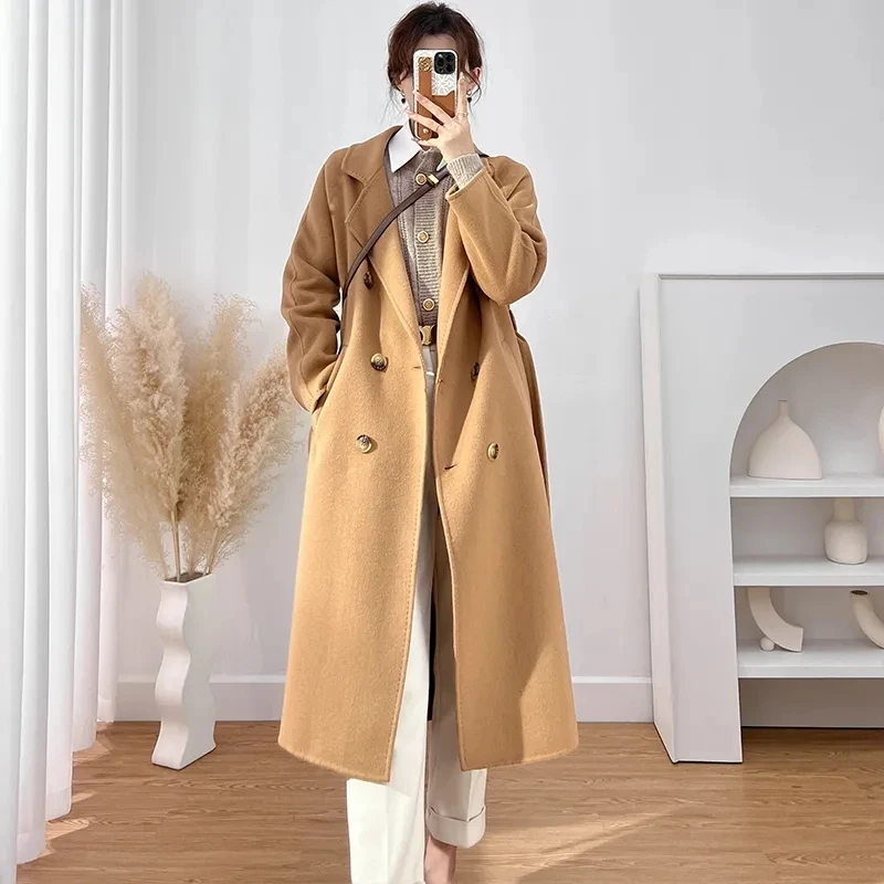 

Autumn Winter New Chic Double-sided Wool Jacket Women's Overcoat Loose Belt Mid-Length Double-Breasted Casual Wool Windbreakers