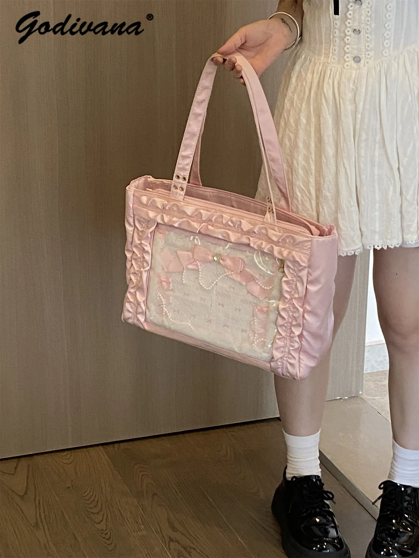 

Original Lace Satin Large Capacity Shoulder Bag Y2k Girl Students Sweet Portable Totes Handbags Japanese Ita Bag Pain Bags