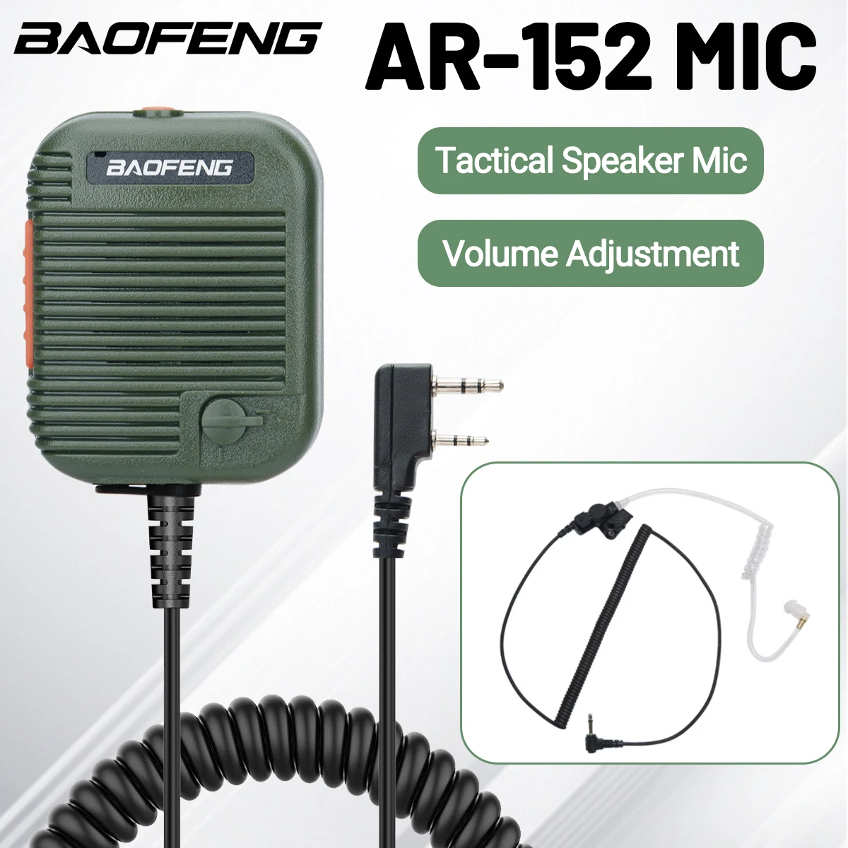 Baofeng AR-152 전술 원격 스피커 마이크, K 플러그, 2 핀 볼륨 조절 가능, AR-152 UV-5R UV-25 프로 워키토키, 양방향 라디오