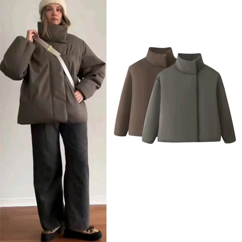 

Winter New Women's Lazy Sle Loose Fit Stand Collar Long Sve Button Decor ort Cotton Jaet Coat Straight Tube pe