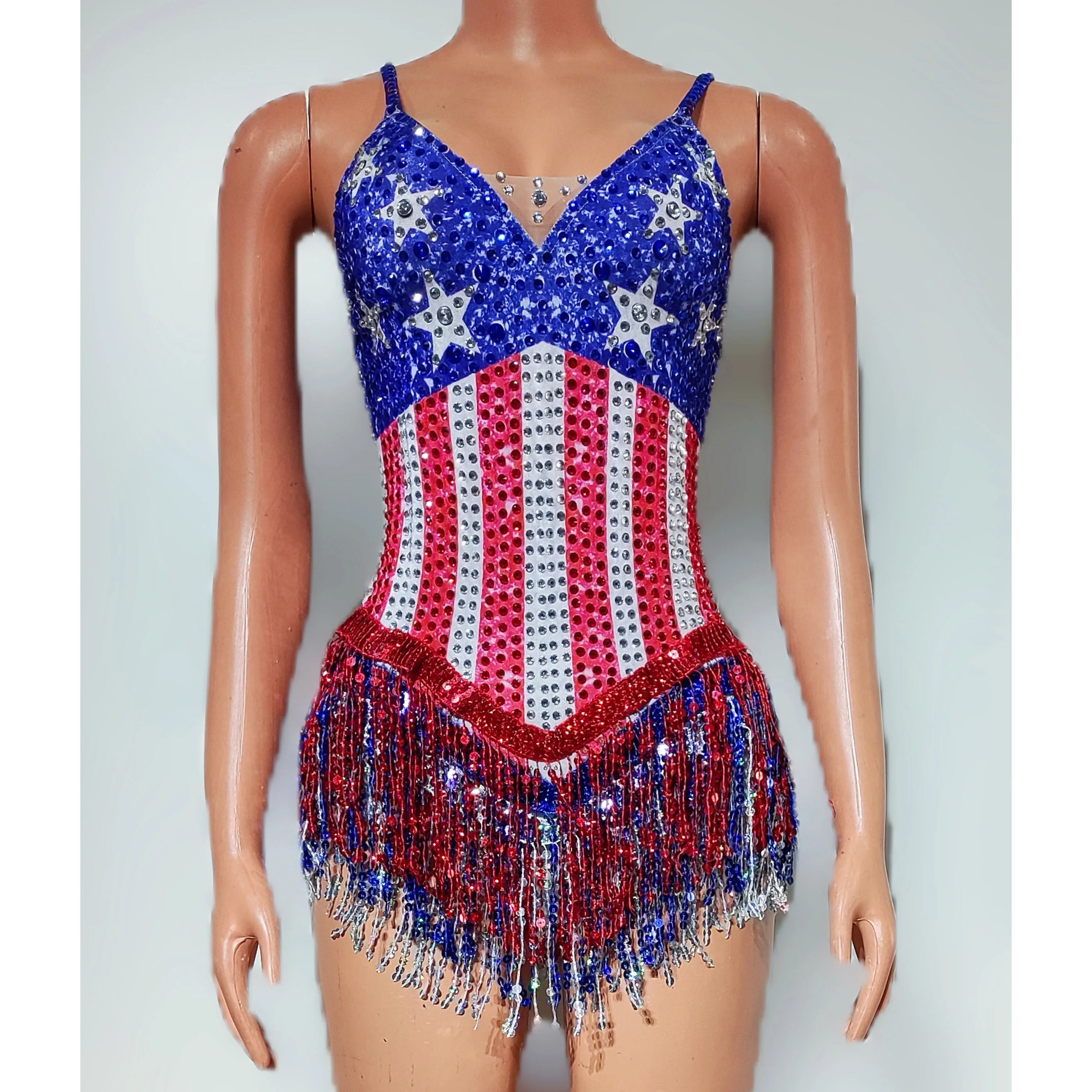 Dance Singer Costume Bar Nightclub Stage Leotard New Trendy Shiny Rhinestones Tassel Color Bodysuit High Street Performance