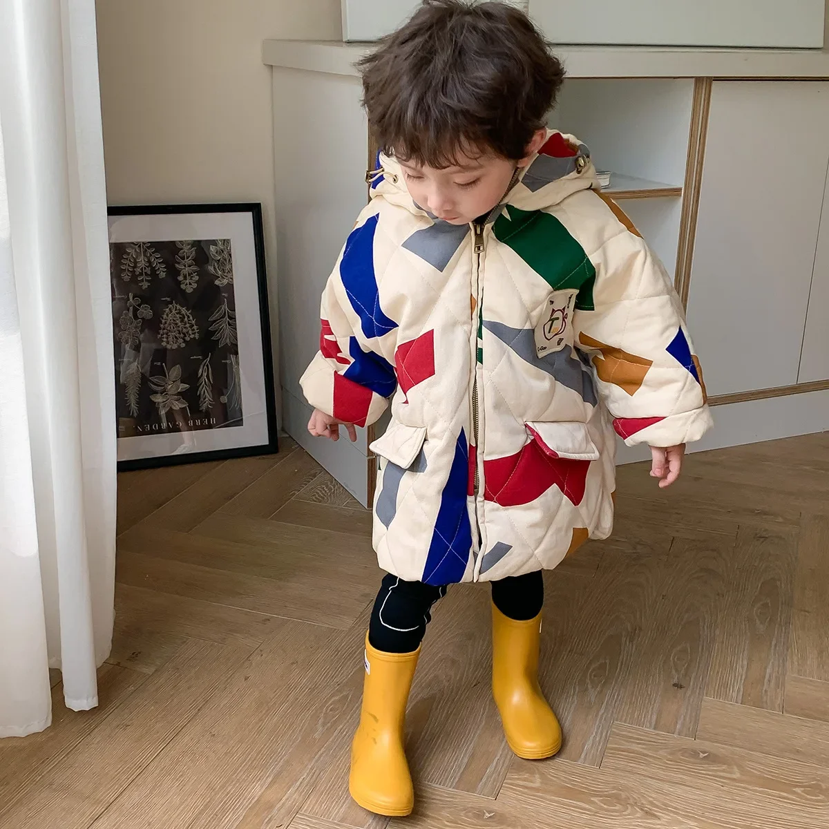 Korean Children Coat Winter New Original Design Geometric Pattern Boy\'s Cotton Padded Jacket Girls Fashion Outerwear XMP419