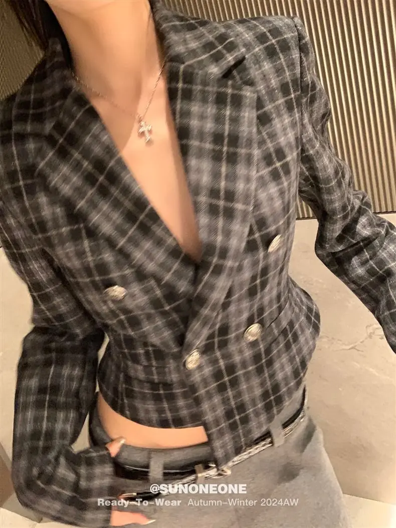 

Gagarich Checkered Woolen Short Jacket Women Autumn French Waist Cinching Design Slim Fit Slimming Long Sleeved Woolen Suit