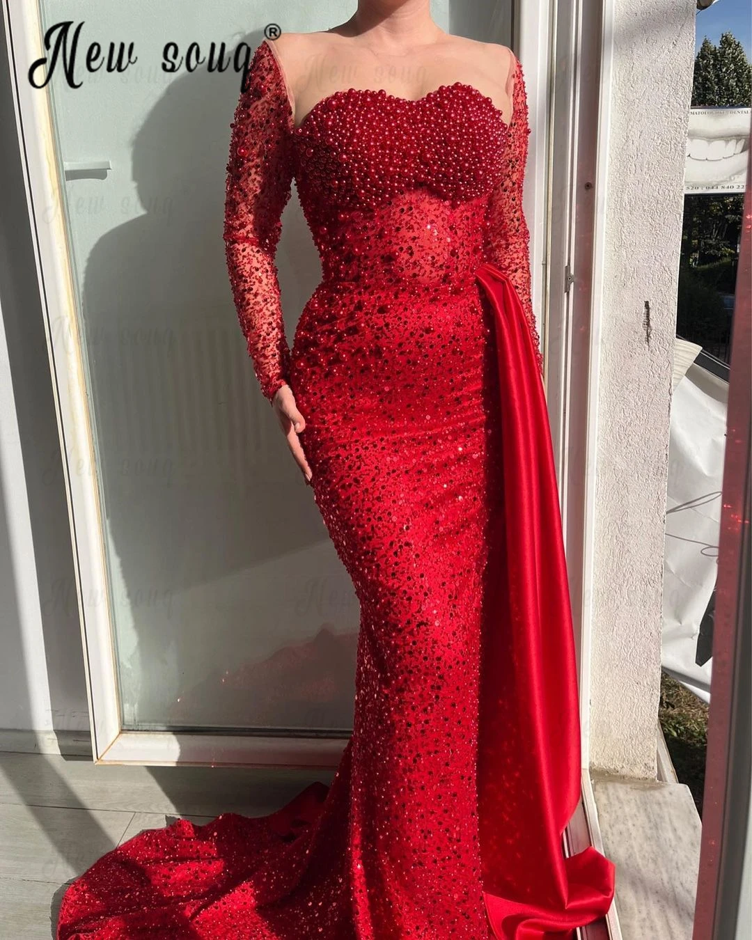 

Red Plus Size Pearls Celebrity Gown Dubai Sequins Mermaid Wedding Party Gowns With Overskirt Long Prom Dresses Custom Made