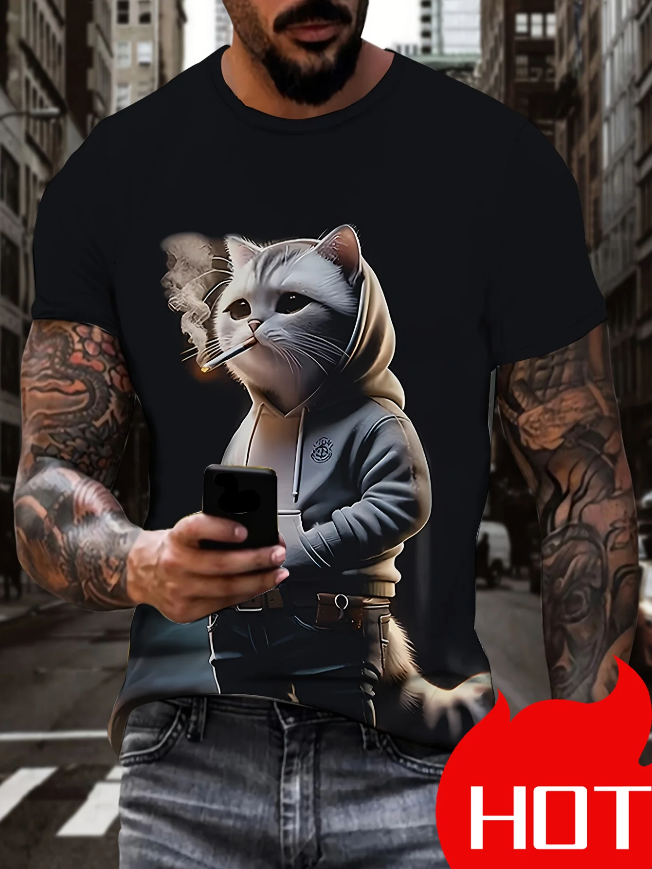 Fashion Men 3D Cat Print T-Shirt Hip Hop Style Animal Pattern Short Sleeve O-Neck Tees Summer Hot Selling Fashionable Casual Top