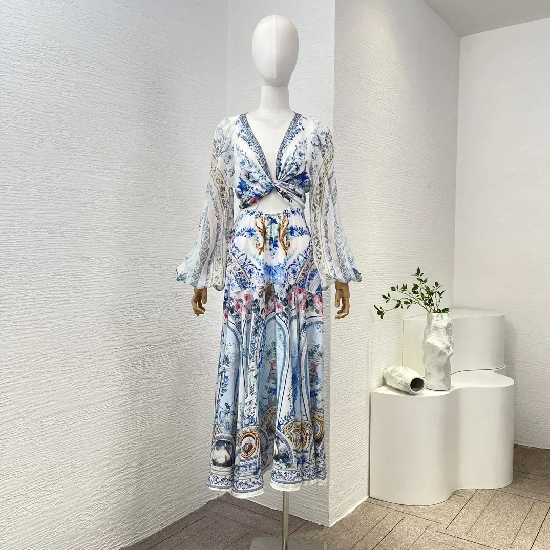 Elegant 2024 New Blue Pure Silk Cut Out White Floral Print Lantern Sleeve Diamonds Lace-up Women Midi Dress Size Runs Bigger