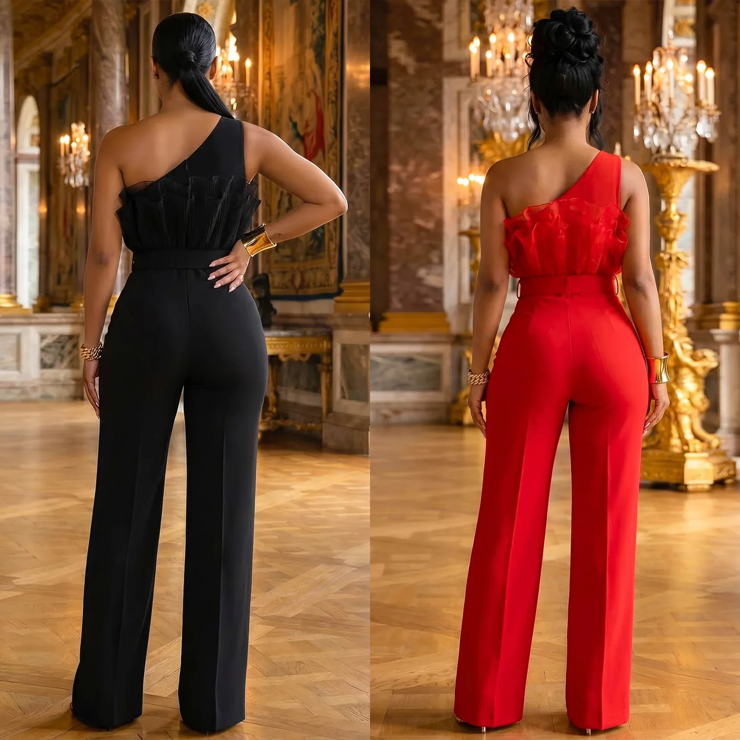 Light Luxury Mesh Diagonal Jumpsuits Women Shoulder High Waist Wide Leg Pants Crescent Buckle Banquet Jumpsuit Y2K