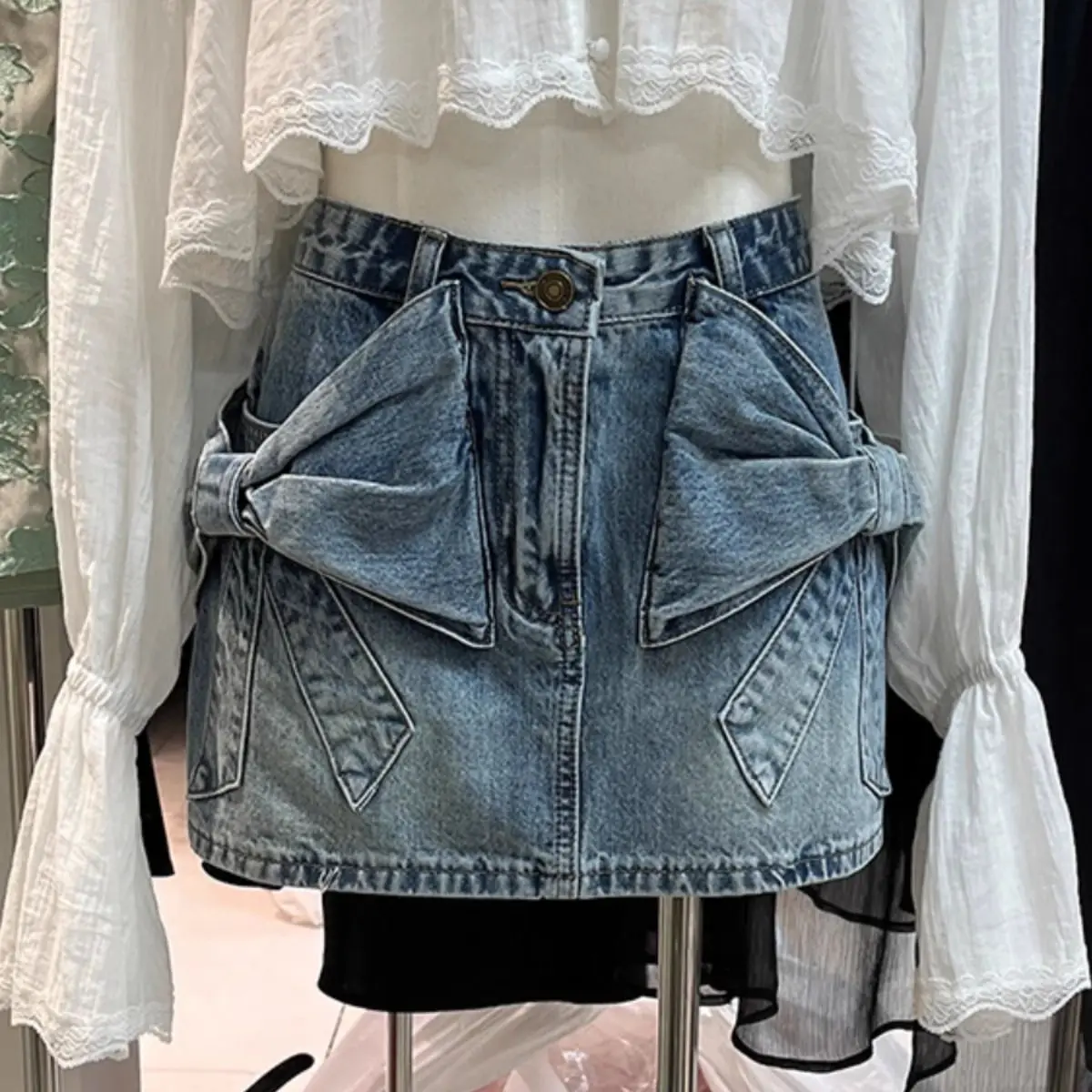 3d Bow Denim Skirt Women's New Korean Spice Girl Design Sense Hip-wrapped A-shaped Skirt