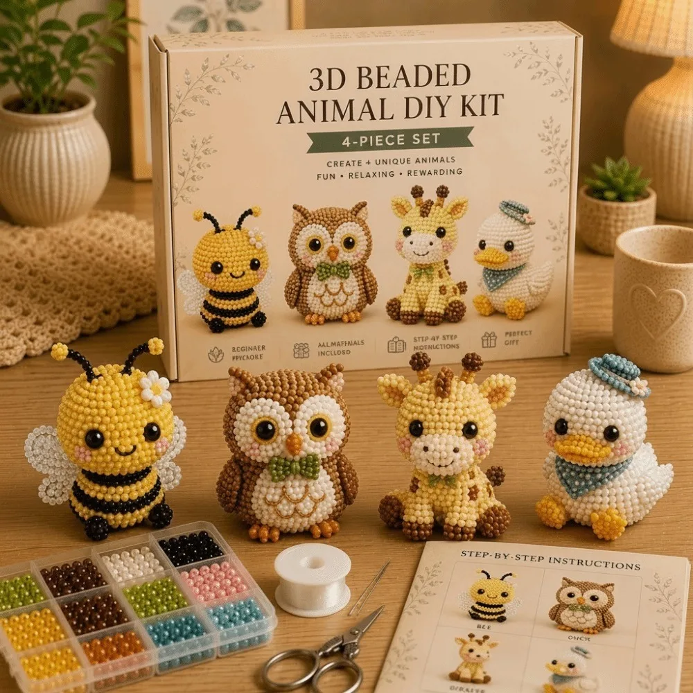 Tiny Beads 3D Beaded Animal Kit Cute Design Creative Craft Handmade Bead Art Kit Animal Shape 3D Beaded Ornament Set
