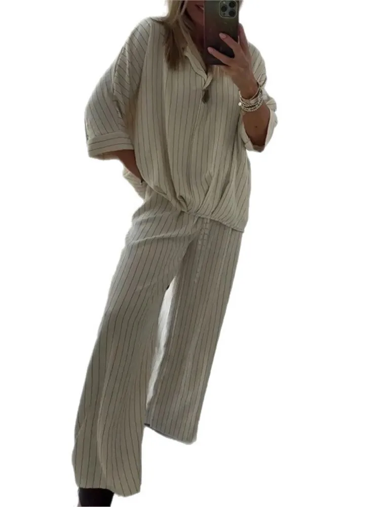 

Spring And Summer New Women's Fashion Striped Suit Loose Top Trousers Women Elegant Holiday Two Piece Set For Woman