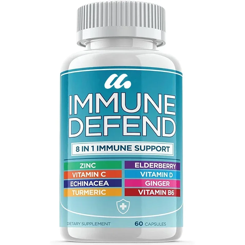 

8-in-1 immune defense, containing zinc, vitamin C, elderberry, vitamin D3, turmeric, curcumin, ginger, and echinacea