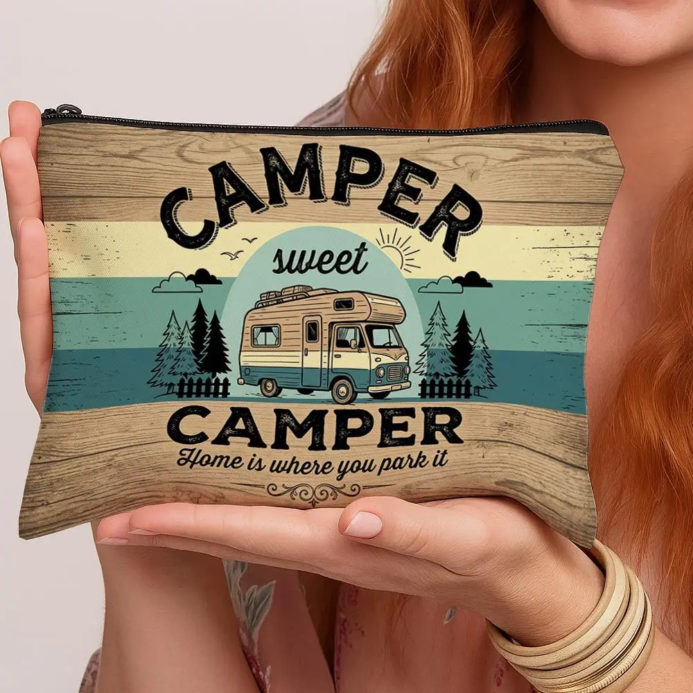Large Capacity Retro Camper Van Makeup Toiletry Vintage Wood Texture Travel Pouch Suitable for Women S Rv Trips Storage Bags