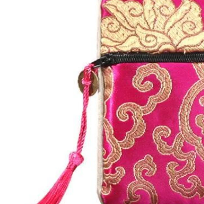 Chinese Brocade Square Storage Bag With Embroidery Pattern Tassel Zipper For Jewelry Small Items Daily Use