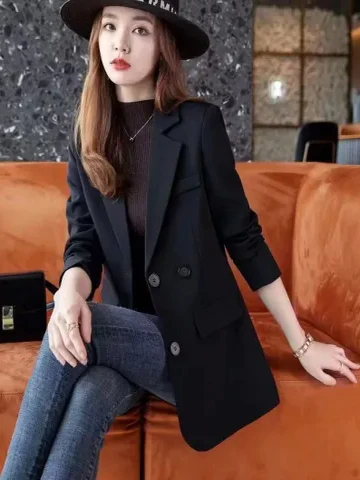 

plus Size Black Suit Jacket Korean Style Loose Fit Conceal Meat Slimming Autumn New Arrival Women's Casual Wear Polyester Fiber