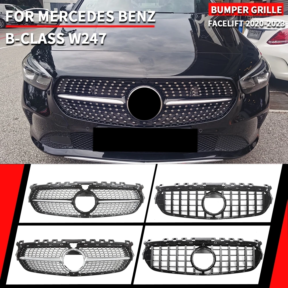 

For Mercedes Benz B-Class W247 2020-2023 B200 Chrome Silver Diamonds Style Grille Glossy Black GTR Style Front Bumper Grille