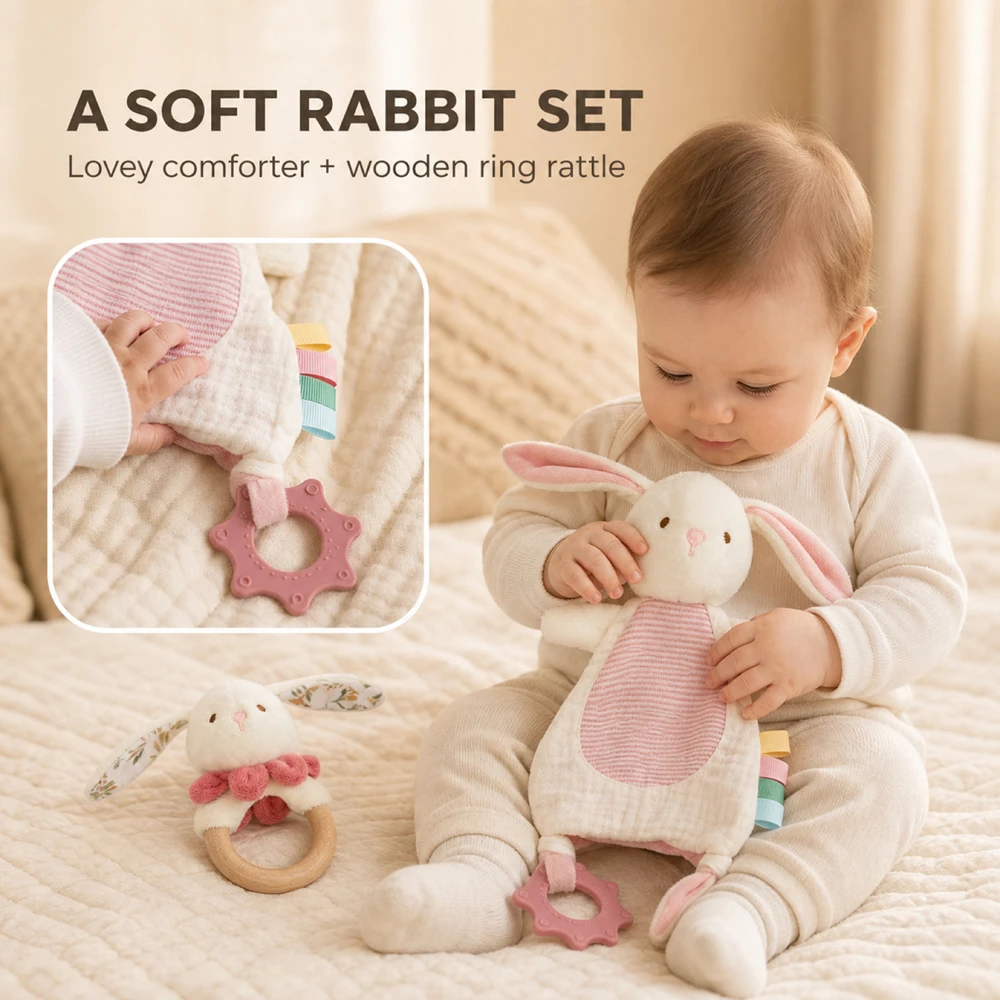 2 Piece Baby Rabbit Rattle Set Baby Toys Soft Plush Comforter Silicone Teether Sensory Toys for Infant Grasping New Born Toys