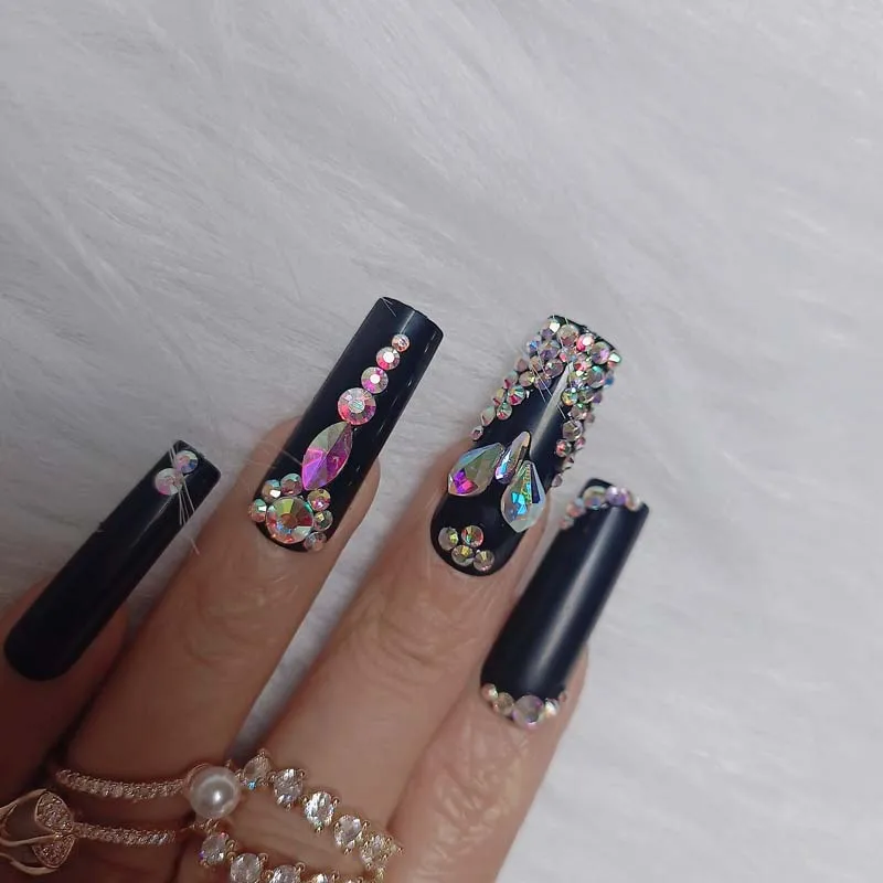 24pcs luxury jewelry wide head Crystal full of diamonds press on nails long ballet coffin fake nails black