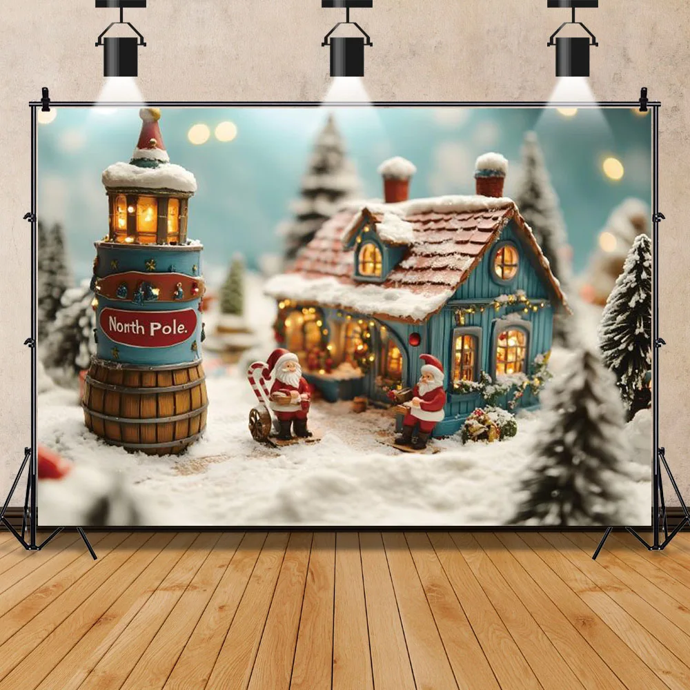 Weihnachten Fotografie Hintergrund Nordpol Candy Cane Stadt Märchen Hintergrund Santa Claus Geschenk Kind Winter Outdoor Photocall