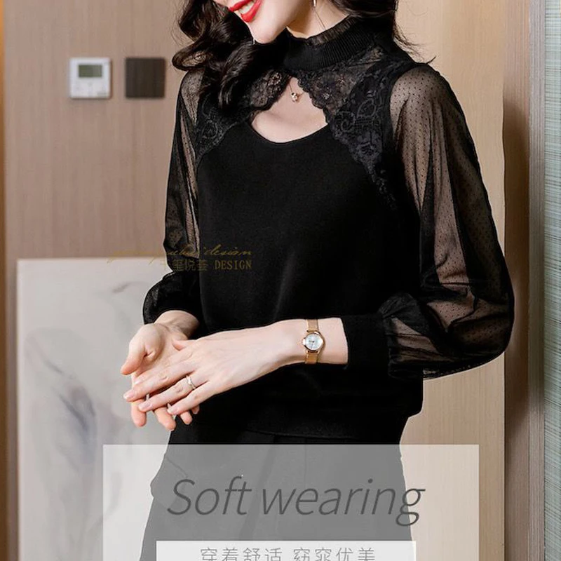 Sexy Lace Hollow Mesh Sheer Black Elegant Chic Basic Ladies Tops Spring Autumn 2023 Women\'s Casual Long Sleeve T-shirts Clothing